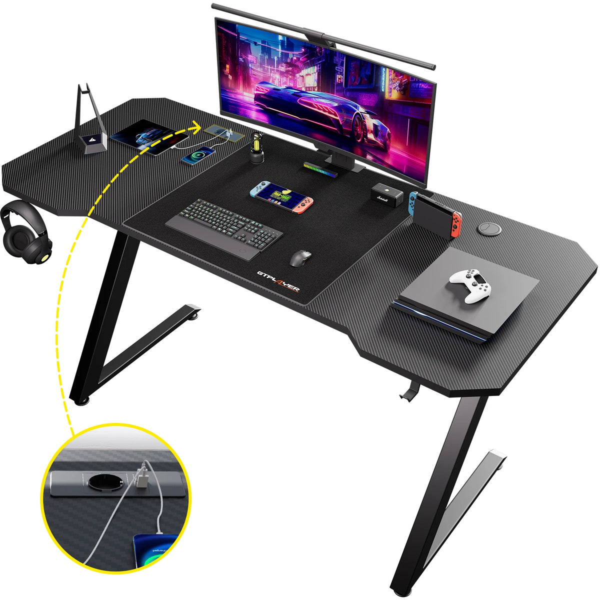 Bureau Gaming 120 cm – LED, Prises Intégrées & USB