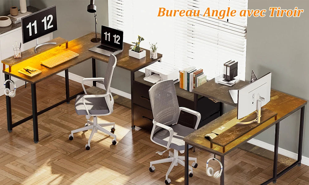 Bureau d’Angle Réversible avec LED, Prises & USB – 2 Tiroirs