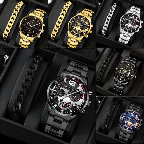 2 pièces Montre-bracelet en acier à bande pour hommes, nouvellement populaire, à trois cadrans quartz, set mode affaires, - Centaure Planète