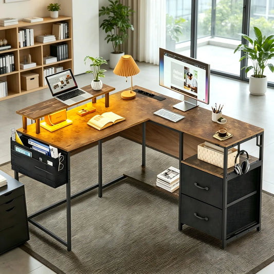 Bureau d’Angle Réversible avec LED, Prises & USB – 2 Tiroirs