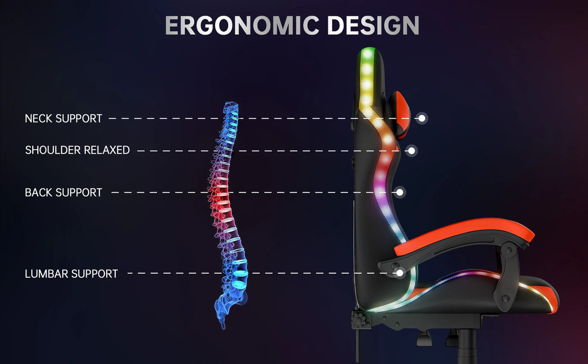 Chaise Gaming RGB Ergonomique – Éclairage LED, Appuie-Tête & Confort