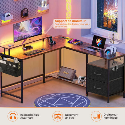 Bureau d’Angle Réversible avec LED, Prises & USB – 2 Tiroirs