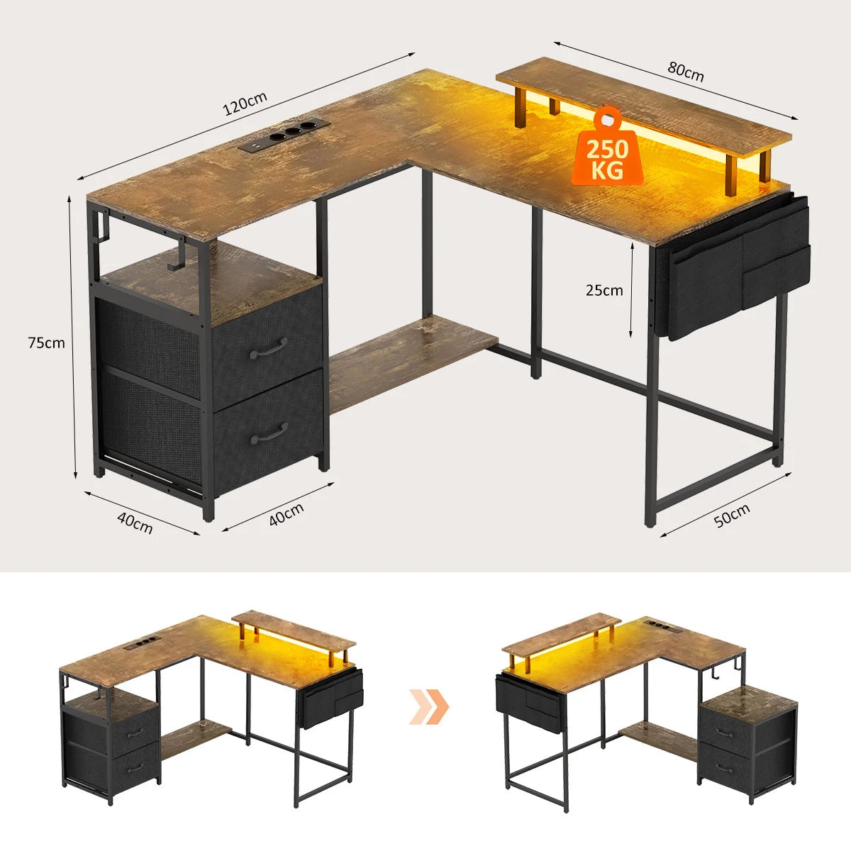 Bureau d’Angle Réversible avec LED, Prises & USB – 2 Tiroirs