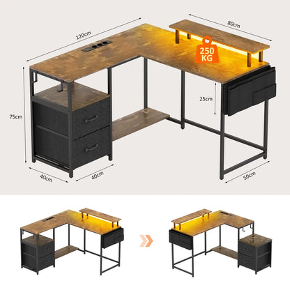 Bureau d’Angle Réversible avec LED, Prises & USB – 2 Tiroirs