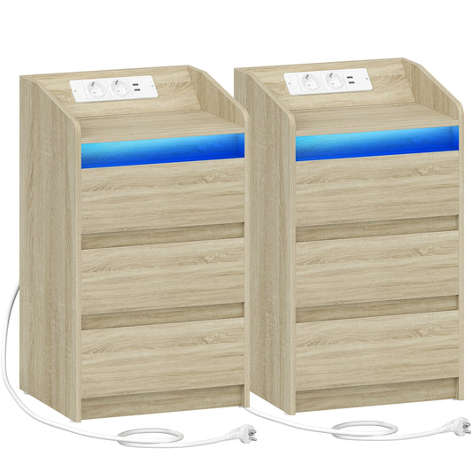 Lot de 2 Tables de Chevet en Chêne – LED & Station de Charge