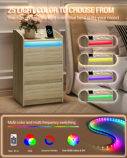 Lot de 2 Tables de Chevet en Chêne – LED & Station de Charge
