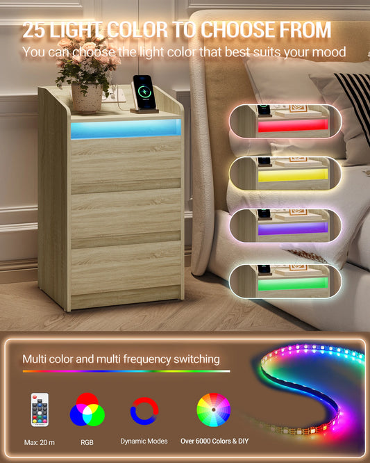 Lot de 2 Tables de Chevet en Chêne – LED & Station de Charge
