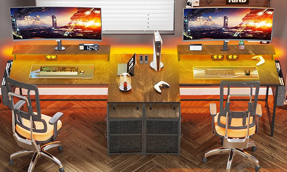 Bureau d’Angle Réversible avec LED, Prises & USB – 2 Tiroirs