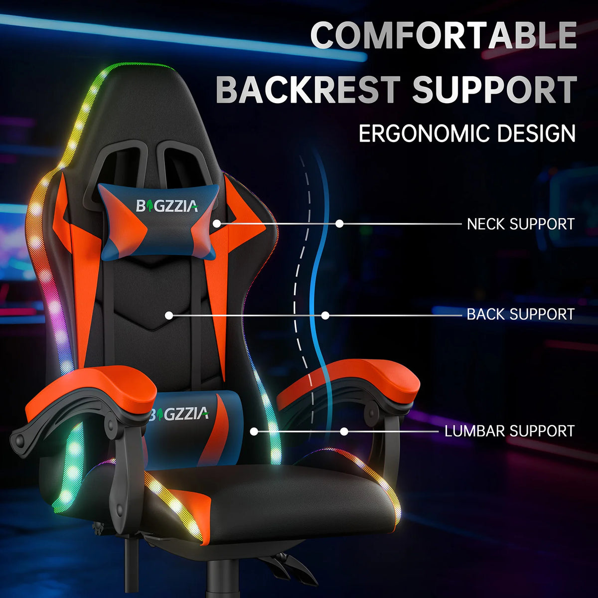 Chaise Gaming RGB Ergonomique – Éclairage LED, Appuie-Tête & Confort