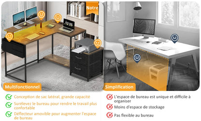 Bureau d’Angle Réversible avec LED, Prises & USB – 2 Tiroirs