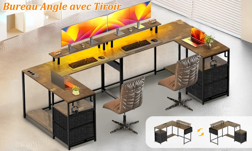 Bureau d’Angle Réversible avec LED, Prises & USB – 2 Tiroirs