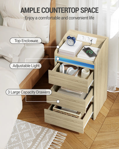 Lot de 2 Tables de Chevet en Chêne – LED & Station de Charge
