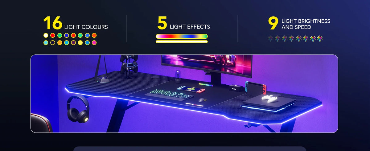 Bureau Gaming 120 cm – LED, Prises Intégrées & USB