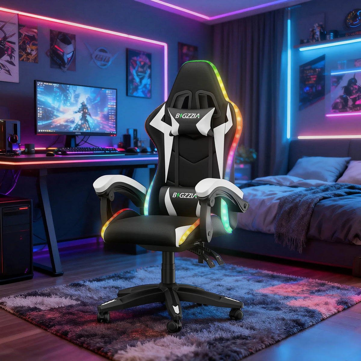 Chaise Gaming RGB Ergonomique – Éclairage LED, Appuie-Tête & Confort