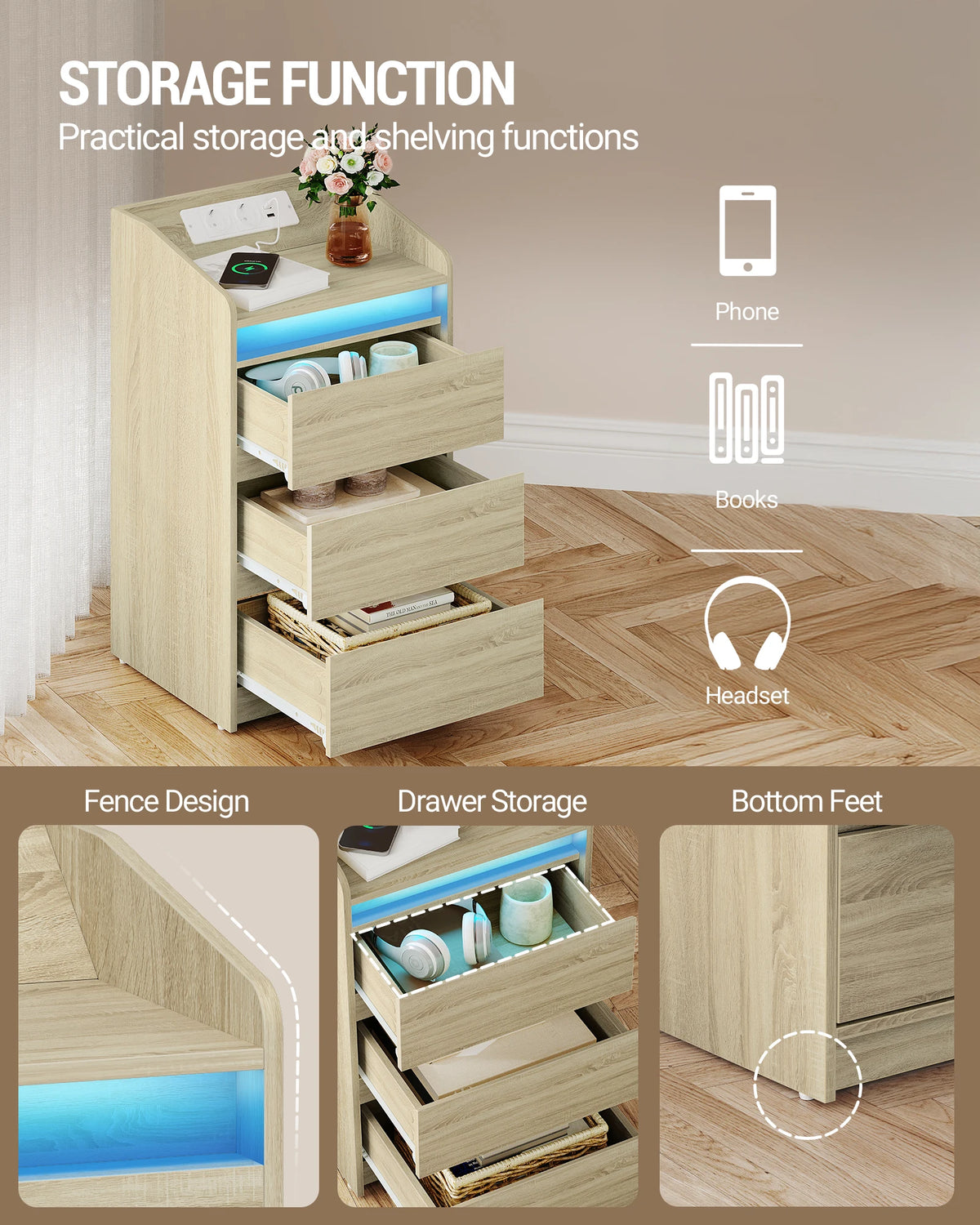 Lot de 2 Tables de Chevet en Chêne – LED & Station de Charge