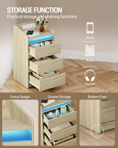 Lot de 2 Tables de Chevet en Chêne – LED & Station de Charge