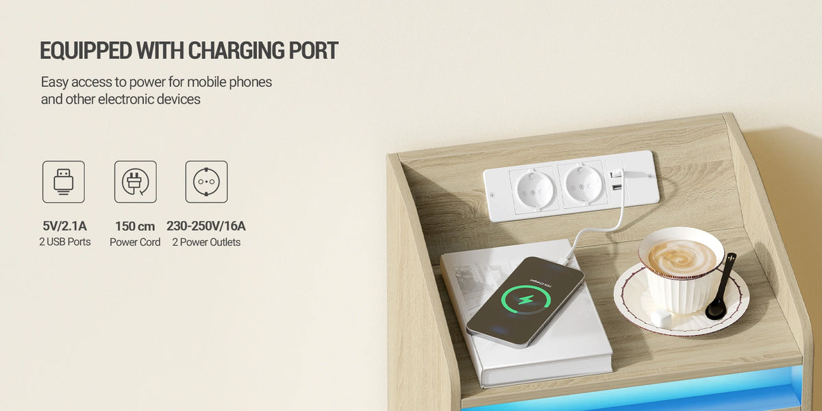 Lot de 2 Tables de Chevet en Chêne – LED & Station de Charge