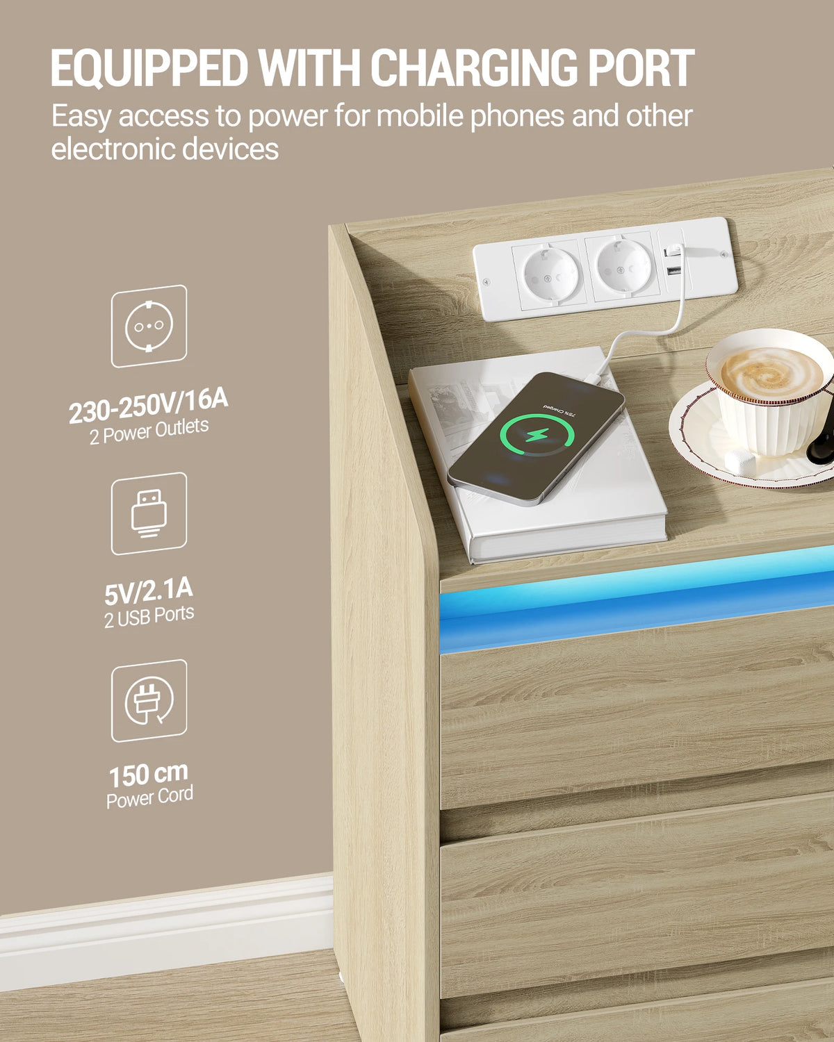 Lot de 2 Tables de Chevet en Chêne – LED & Station de Charge