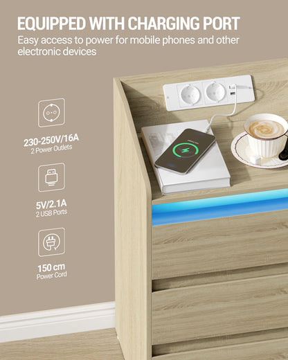 Lot de 2 Tables de Chevet en Chêne – LED & Station de Charge