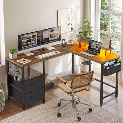 Bureau d’Angle Réversible avec LED, Prises & USB – 2 Tiroirs
