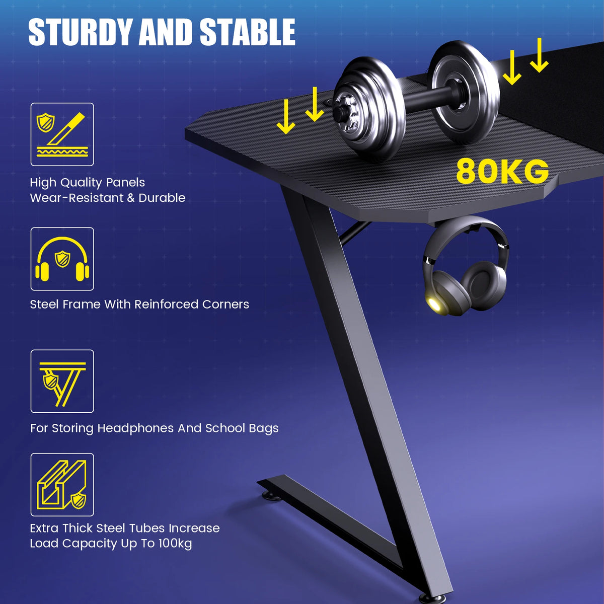 Bureau Gaming 120 cm – LED, Prises Intégrées & USB