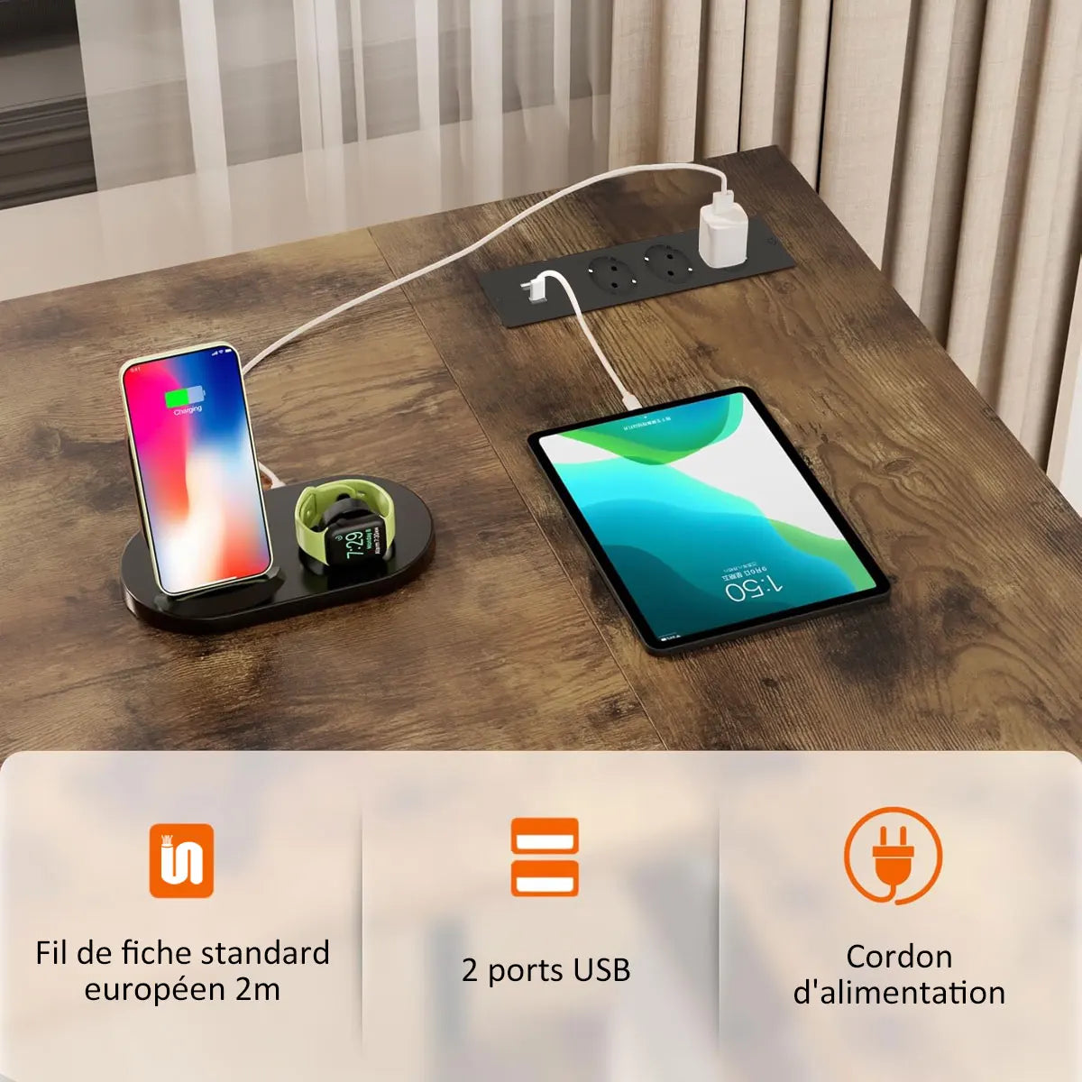Bureau d’Angle Réversible avec LED, Prises & USB – 2 Tiroirs