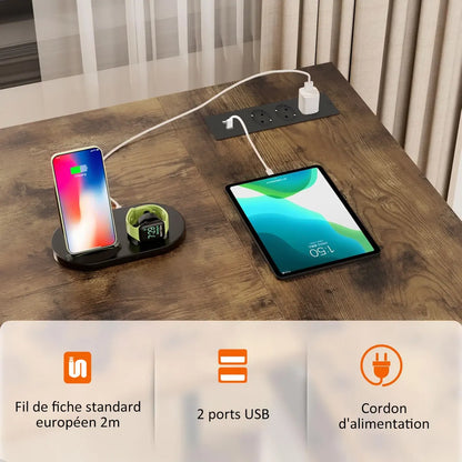 Bureau d’Angle Réversible avec LED, Prises & USB – 2 Tiroirs