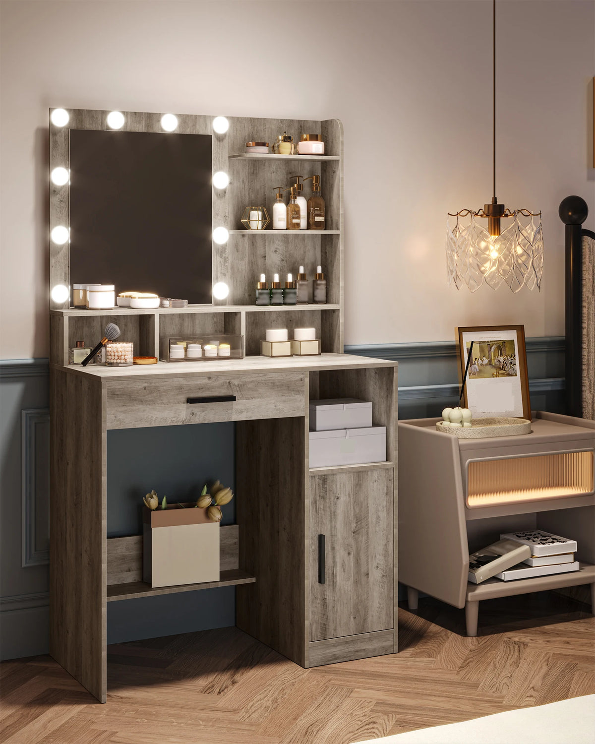 Premium-Frisiertisch mit Spiegel & 10 LEDs – Große Schublade, 3 Regalböden & 4 Fächer