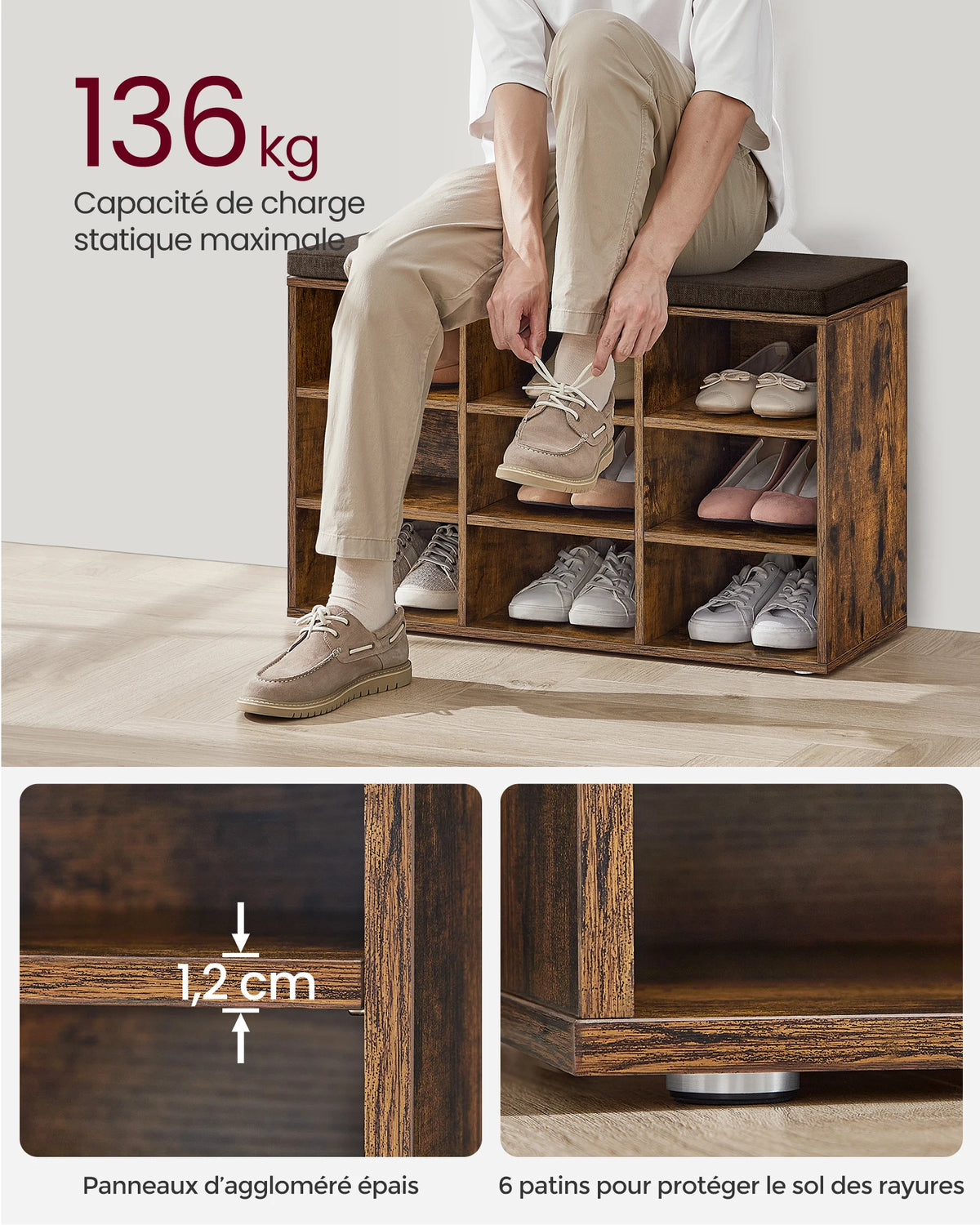 Banc à Chaussures avec Assise Rembourrée – 9 Compartiments