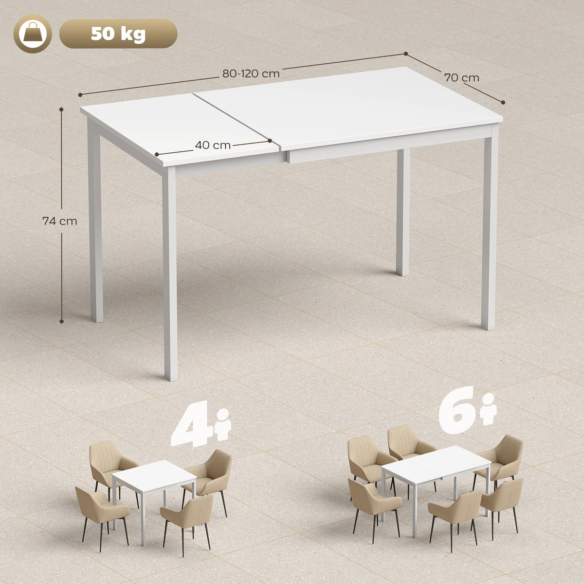 Table à Manger Extensible – 80 à 120 cm, 4 à 6 Personnes, Design Moderne Blanc