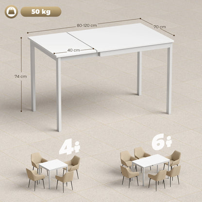 Table à Manger Extensible – 80 à 120 cm, 4 à 6 Personnes, Design Moderne Blanc