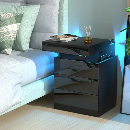 Table de Chevet avec Station de Charge & 3 Tiroirs