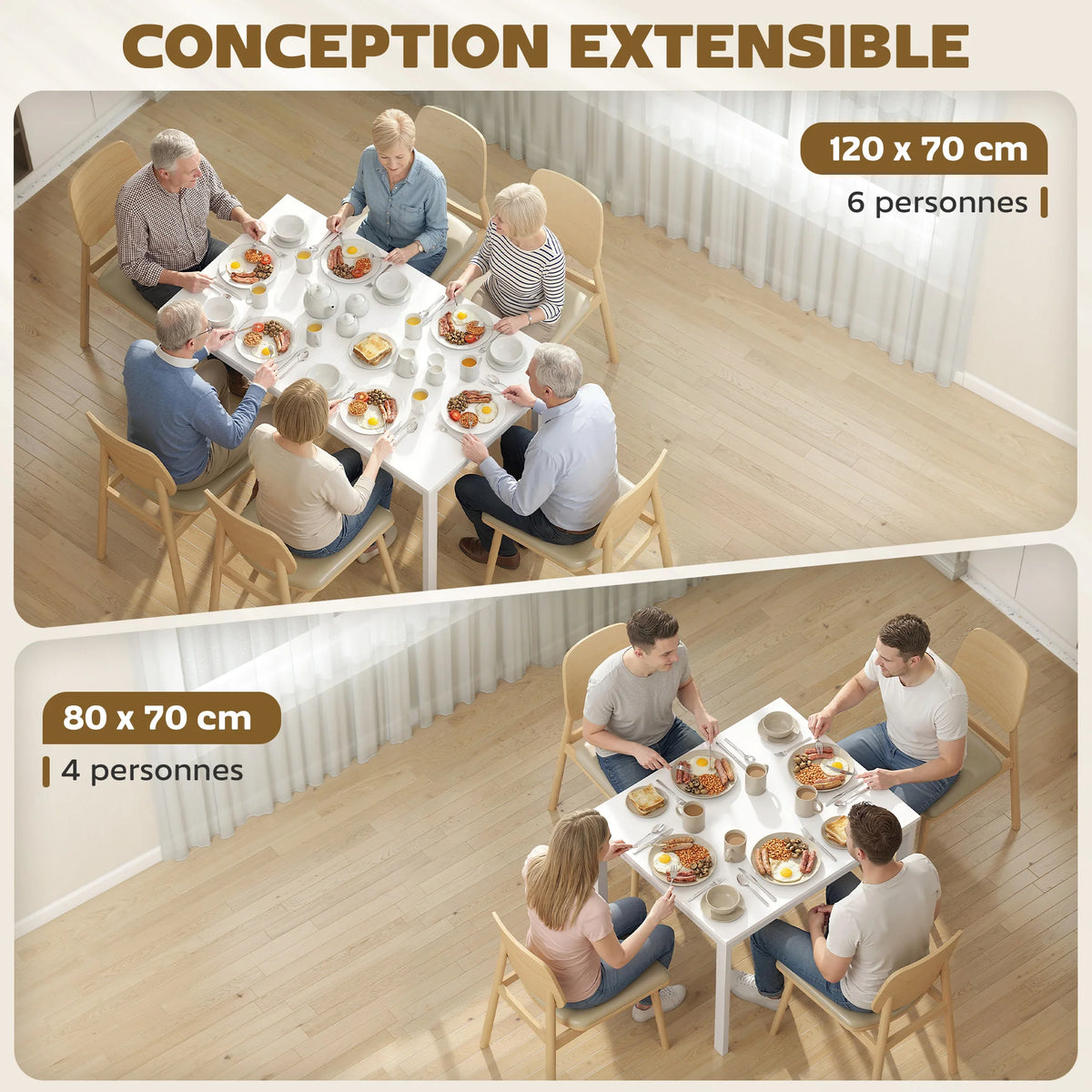 Table à Manger Extensible – 80 à 120 cm, 4 à 6 Personnes, Design Moderne Blanc