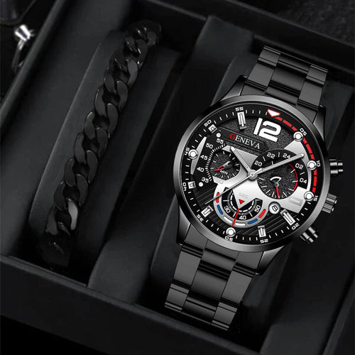 2 pièces Montre-bracelet en acier à bande pour hommes, nouvellement populaire, à trois cadrans quartz, set mode affaires, - Centaure Planète